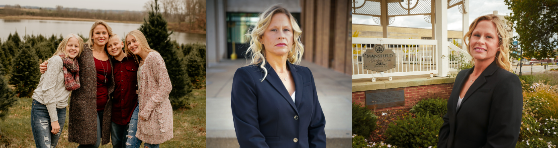 Richland County Prosecutor Jodie Schumacher with her children, stands in front of a building, smiling in front of a gazebo